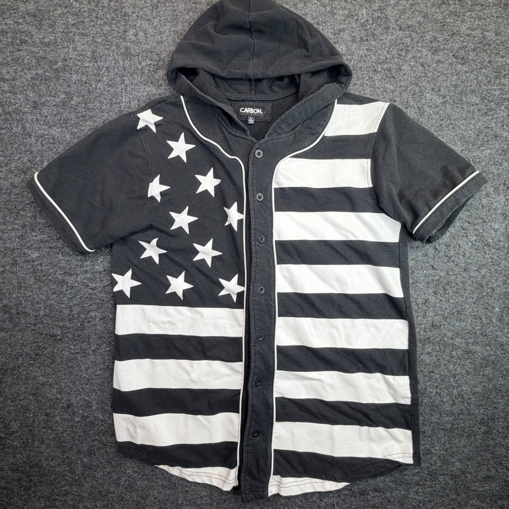 Carbon Baseball Jersey Hoodie Mens Large Black White American Flag Stars Stripes